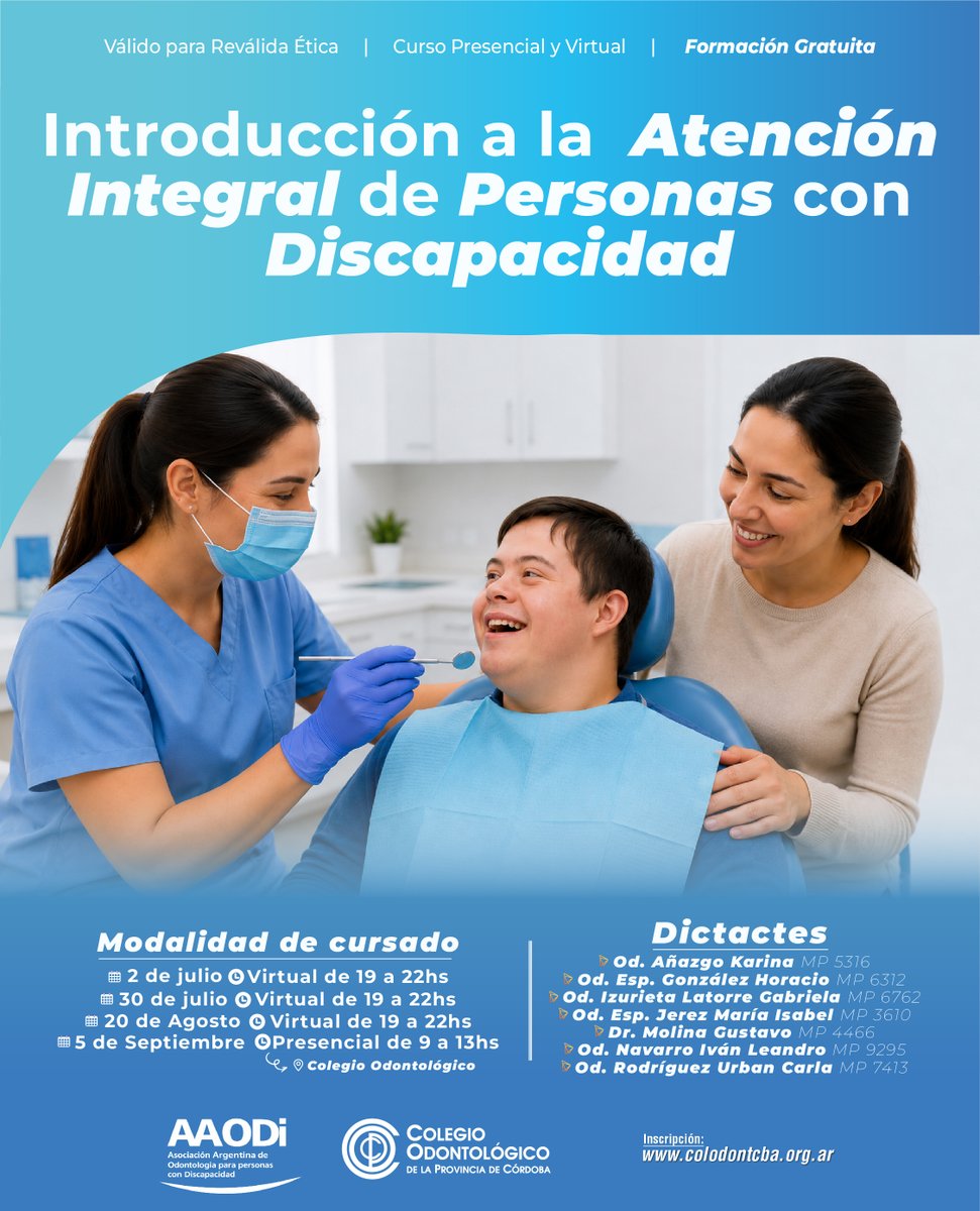 colodontcba's tweet photo. 🦷 Presentamos el curso “Introducción a la Atención Integral de Personas con Discapacidad”, una capacitación orientada a promover una atención odontológica más inclusiva, accesible y centrada en las necesidades de cada paciente.

📲 Inscribite en: https://t.co/YeldYSBxo2 https://t.co/NyAjstaudr