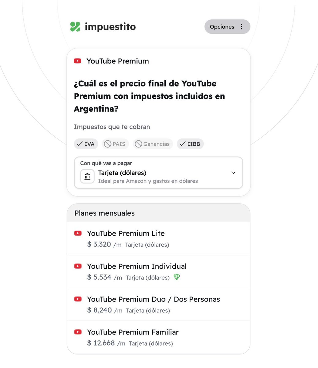 impuestito_org's tweet photo. YouTube Premium SUBIDA 🔴

Estos son los precios con impuestos incluidos para todos los usuarios nuevos.

✅ Premium Lite = $3.320
✅ Premium Individual = $5.534
✅ Premium Duo = $8.240
✅ Premium Familiar = $12.668

Para usuarios vigentes les llegará un email con el ajuste para los próximos meses.

*precios pagando con tarjeta de crédito