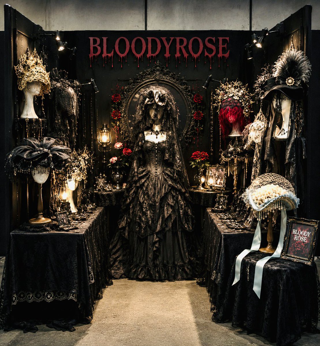 bloodyrose12181's tweet photo. デザフェス申し込みました！
もし当選したら、ダークで耽美な世界観をさらにパワーアップさせて、ビッグサイトに圧倒的なゴシック空間を出現させます。多分…😅
新作のマスクやハットも並べる予定です。

数年振りの暗いブースでMブース
当選しますように…✨🙏

※イメージ画像

#デザフェス https://t.co/EPJadQYY0q