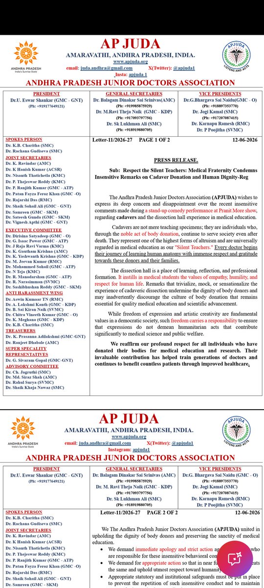 APJUDAOfficial's tweet photo. APJUDA condemns the disgraceful remarks made on cadavers in a comedy show. Such insensitivity insults the dignity of body donors and the ethics of medicine. We demand immediate and strict action.

#KEMHospitalMumbai https://t.co/cj0TFwJLxt