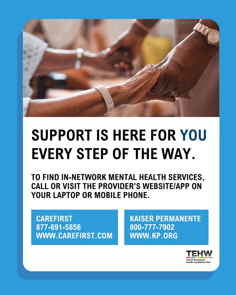 TEHWOfficial's tweet photo. BENEFITS BREAKDOWN: Mental Health Services

Did you know TEHW members enrolled in Kaiser Permanente or CareFirst have access to mental health services through in-network providers at no cost?

Swipe through to learn more.

#MentalHealth #TEHW #BenefitsBreakdown https://t.co/y2IPcTmxoy