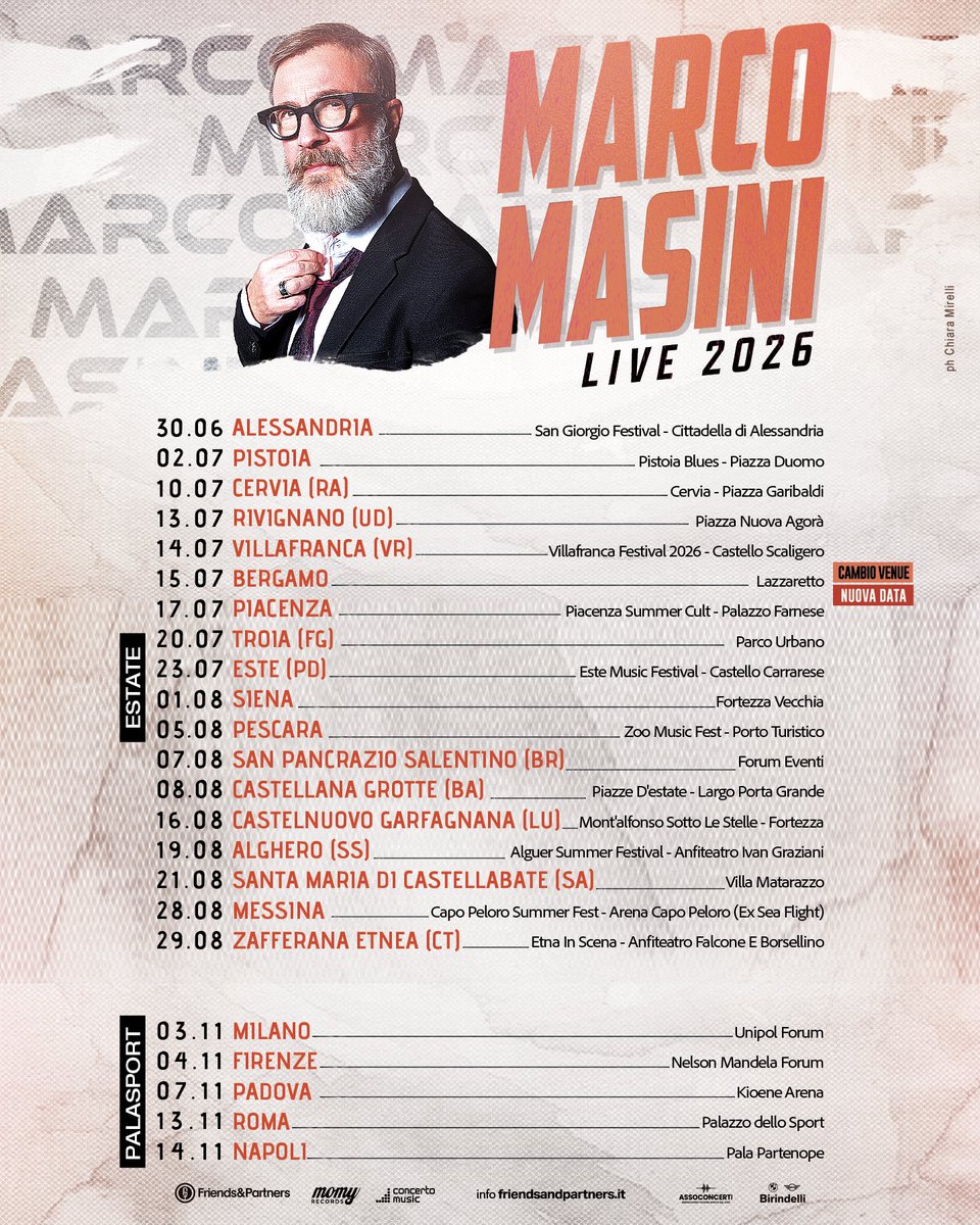 marcomasini64's tweet photo. Il tour LIVE 2026 si aggiorna!
La data di Bergamo si sposta al 15 luglio al Lazzaretto e si aggiunge una nuova tappa, il 20 luglio al Parco Urbano di Troia (FG).
Vi aspetto 💜 https://t.co/KczGGmxdcZ