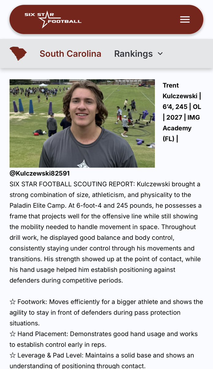 Kulczewski82591's tweet photo. Thank you @sixstarfootball for the awesome article. Furman University’s camp was one of my favorite I’ve ever done and this just keeps adding. @Kyle_Jolly @DrewDudzik @mitchellmayes77 @PaladinFootball @CoachDennisIMG @OLCoach_Parker https://t.co/SFD0TtcwyT