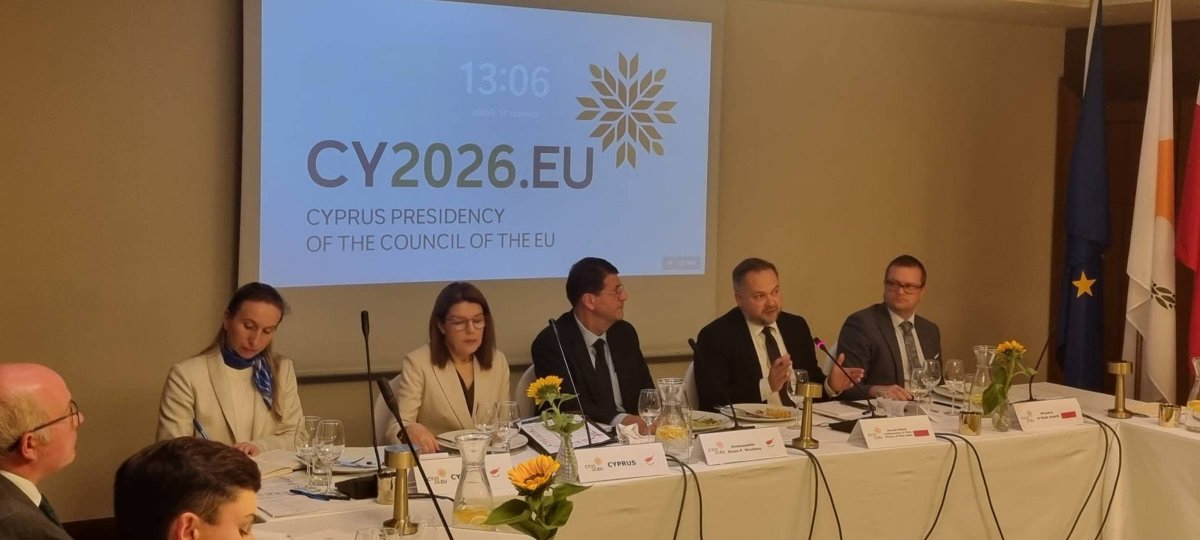CyprusinPoland's tweet photo. The Embassy of Cyprus in Warsaw, within the framework of the Cyprus Presidency of the Council of the European Union, organized an EU HoMs working lunch with Guest of Honour, the Undersecretary of State at the Ministry of State Assets, Mr. Konrad Gołota in Warsaw, 12.6.2026. https://t.co/wSu8iJVv2M