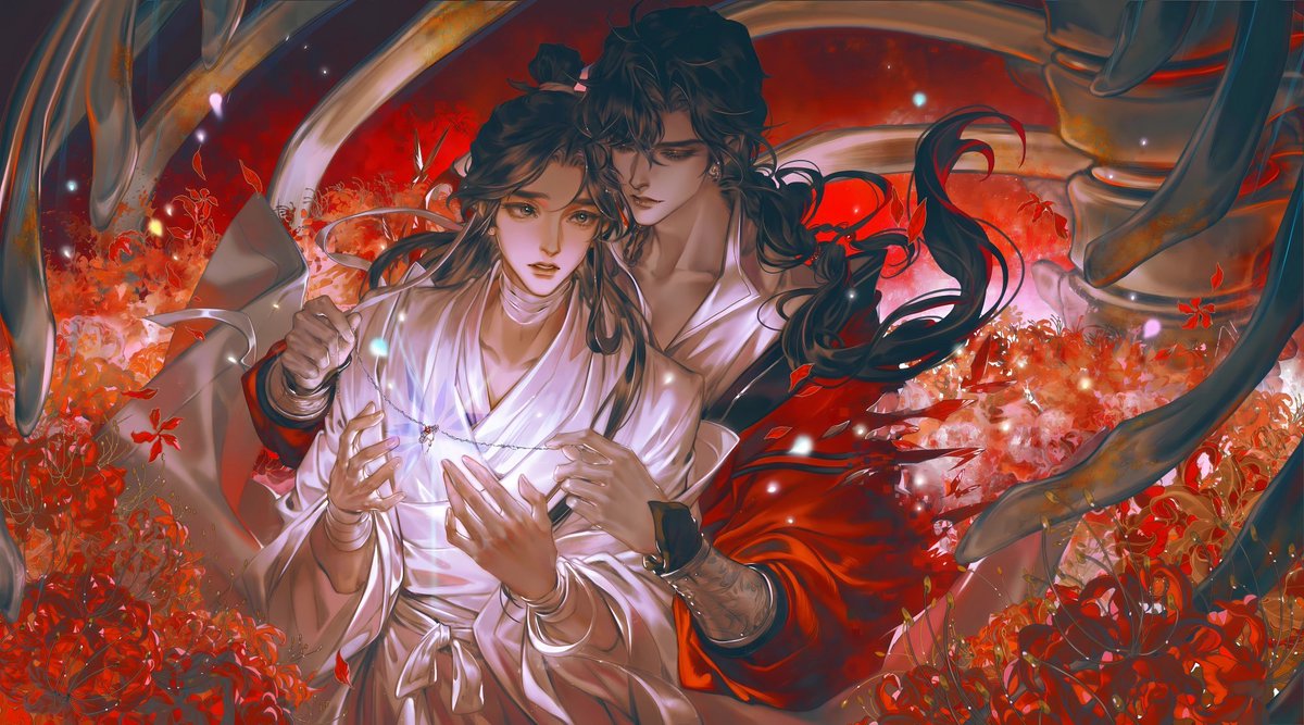 wangijis's tweet photo. "hua cheng was right behind him, his hands steady on xie lian’s waist. he was just one person, but to xie lian, it felt like the entire world was supporting him" https://t.co/yPRlcLvxFB