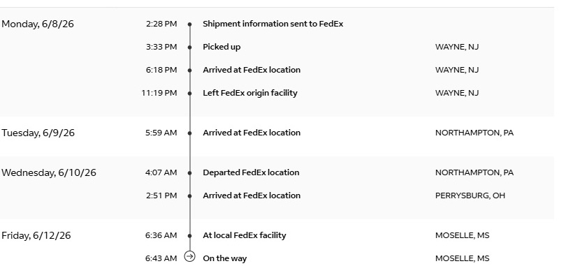 IanofMichigan's tweet photo. @Fedex How does package going to Marshall, MI get redirected from Perrysburg, Oh to Moselle, MS. Still saying by eod today too.  That would be magic.  I mean, damn... 13.5 hours/900 miles wrong direction. https://t.co/NojUwsX4hW