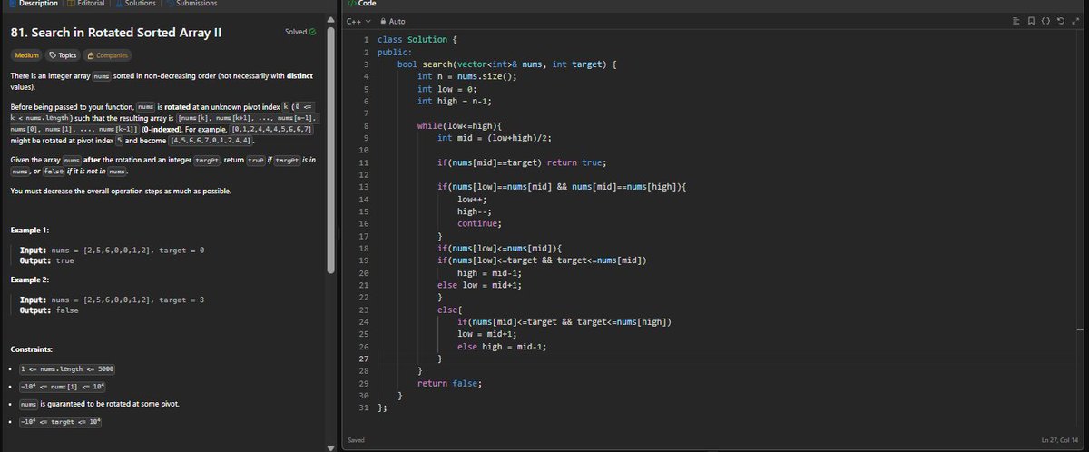 aarucode2332's tweet photo. Solved Problem 88 of (leetcode):-
Search in Rotated Sorted Array -|| (which consists of duplicates) https://t.co/0TioF7i1yv