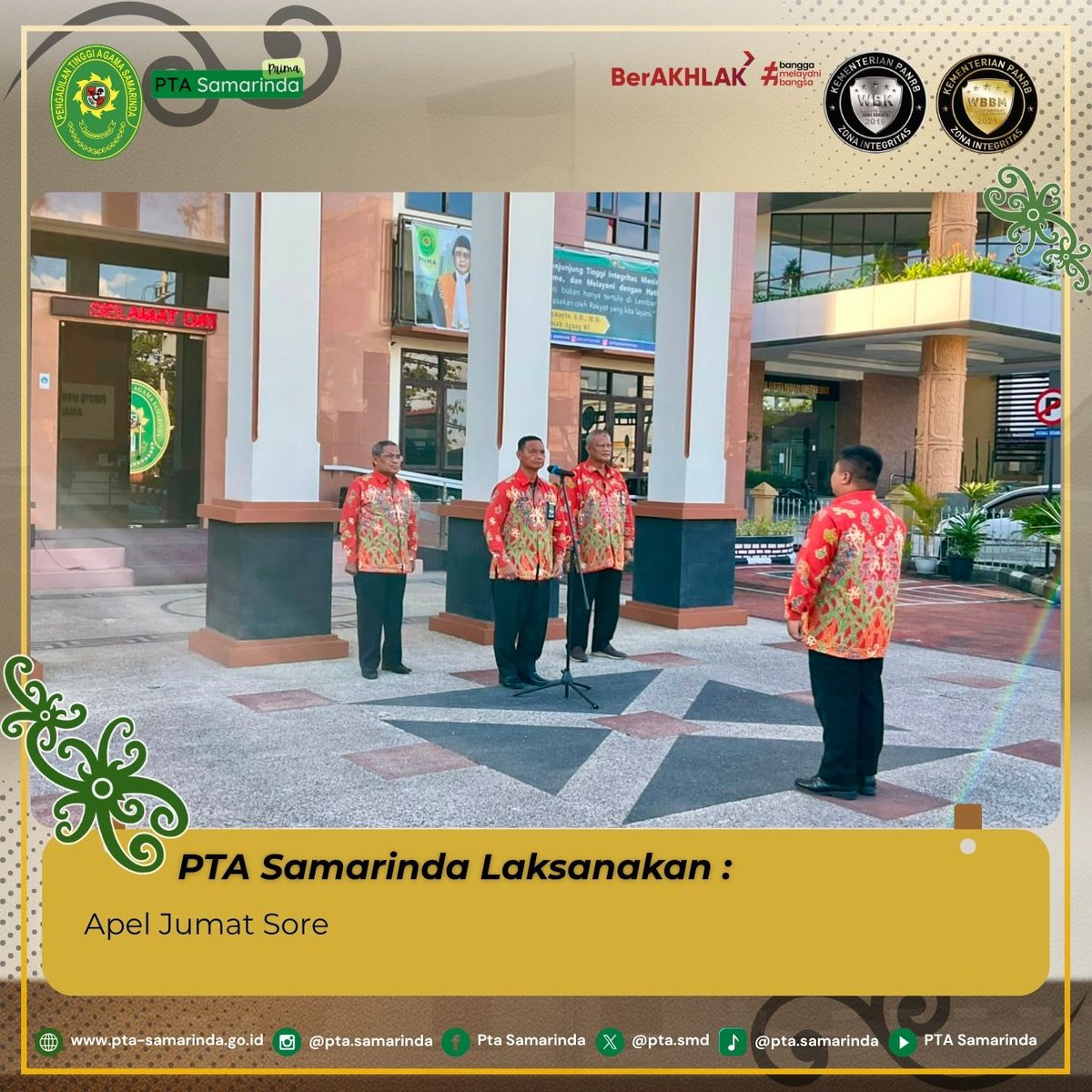 ptasmd's tweet photo. Jumat, 12 Juni 2026

Pengadilan Tinggi Agama Samarinda melaksanakan salah satu kegiatan rutinnya yaitu Apel Jumat Sore. Bertindak selaku pembina apel yakni Hakim Tinggi YM Drs Arpani, S.H., M.H.

#ptasamarinda
#PTASamarindaPRIMA
Adm I.Y https://t.co/bCnDD89jOr