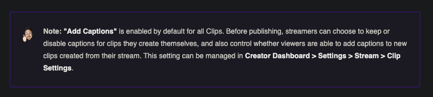 AbLE_CF's tweet photo. Hey Streamers!

If you have an editor, you should probably disable the auto-captions on clips. 
It's just an annoying thing to deal with for editors, especially since it's most-likely going to be innacurate anyway.

They are enabled by default... https://t.co/KrWRtK2B68
