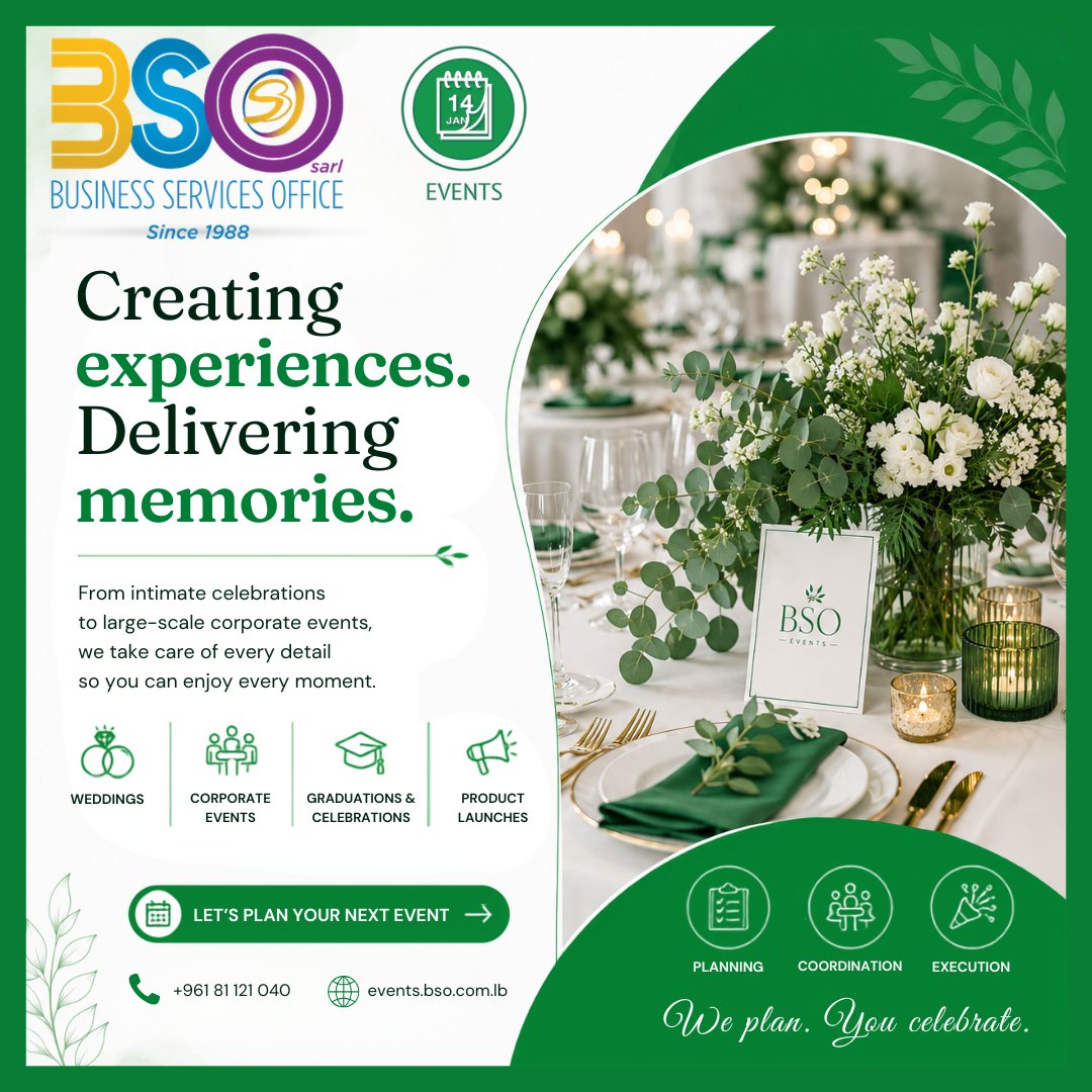 BSO_Services's tweet photo. ✨ Creating Experiences. Delivering Memories.

From intimate celebrations to large-scale corporate events, BSO Events transforms your vision into unforgettable moments.

📞 +961 81 121 040
🌐 https://t.co/eGXgvN1KFh

#BSOEvents #EventPlanning #CorporateEvents #Weddings https://t.co/xL0U17VJJK