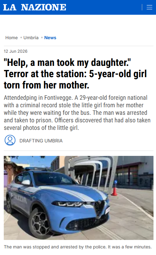 RMXnews's tweet photo. 🇮🇹 Another case of a migrant with a criminal record attempting to snatch a young girl from her mother in Italy.

They were just waiting at a bus stop.

Follow: @RMXnews https://t.co/VSFpjvVhoU