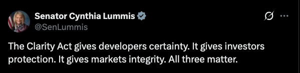 TheCryptoSquire's tweet photo. 🚨🇺🇸 SENATOR LUMMIS MAKES IT CLEAR 🇺🇸🚨

Senator Cynthia Lummis says the CLARITY Act gives developers certainty, investors protection, and markets integrity. All three matter if the U.S. wants to lead the future of digital assets.

Clear rules are coming.
$XRP is ready. 🔥 https://t.co/jkF3f7ETxA