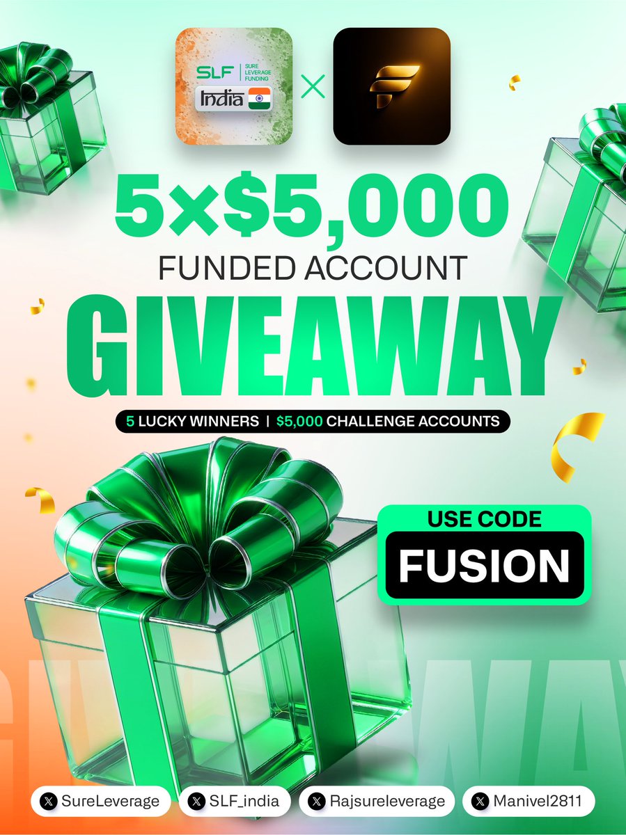 propfirmsfusion's tweet photo. 🚀 5 × $5,000 accounts Giveaway!

In partnership with @SureLeverage 🎁

Use code: FUSION
(40% Off + BOGO on payout) 

To enter,
1️⃣ Follow @propfirmsfusion @SureLeverage 
2️⃣ Like, Repost 🔁 & Tag your friends ♥️
3️⃣ Join https://t.co/8Nl71zeo2F

Limited time! ⌛
Winners by Xpicker in 72hrs