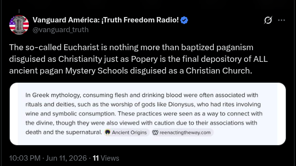 ergadia's tweet photo. So the Eucharist is made of bread and therefore comes from paganism but the sacrifices in the Temple come from God? Why are they not pagan? https://t.co/6VUuGCMgSf