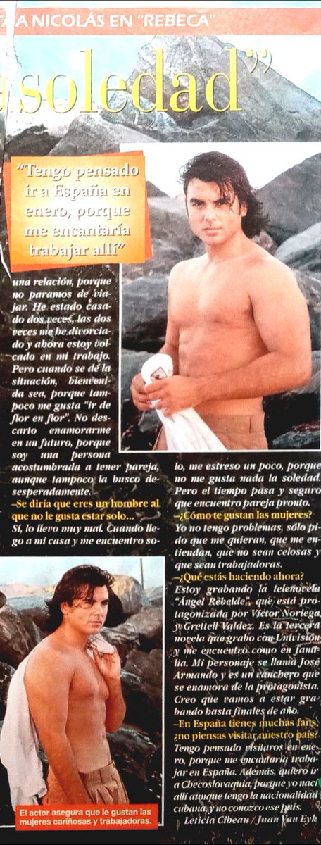carallochosco's tweet photo. 🗄#ElArchivoDeLaTele🗄

El cubano Jorge Luis Pila (#LaPatrona) se sinceraba desde Miami en las paginas de #telenovela 🇪🇸mientras rodaba #AngelRebelde &amp; se emitia #Rebeca,  donde interpretaba a Nicolás, en @La1_tve

#Hemeroteca #revista #entrevista @Pilar_Manzr @Franethan https://t.co/9NLumd3dpI