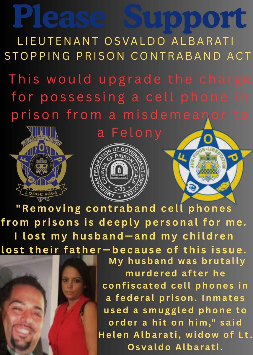 AfgeLocal4070's tweet photo. The Senate has passed S.736, the Lieutenant Osvaldo Albarati Stopping Prison Contraband Act. introduced by Senator Grassley, with key support from Senators Durbin and Booker, the bill aims to crack down on the smuggling of cell phones into federal prisons. Other notable co-sponsors include Senator Cruz, Senator Cory Booker, and Senator Ashley Moody. It would make it a felony for either inmates or staff to bring in or possess a contraband cell phone inside a federal prison —a move designed to curb illicit communications and improve prison safety.