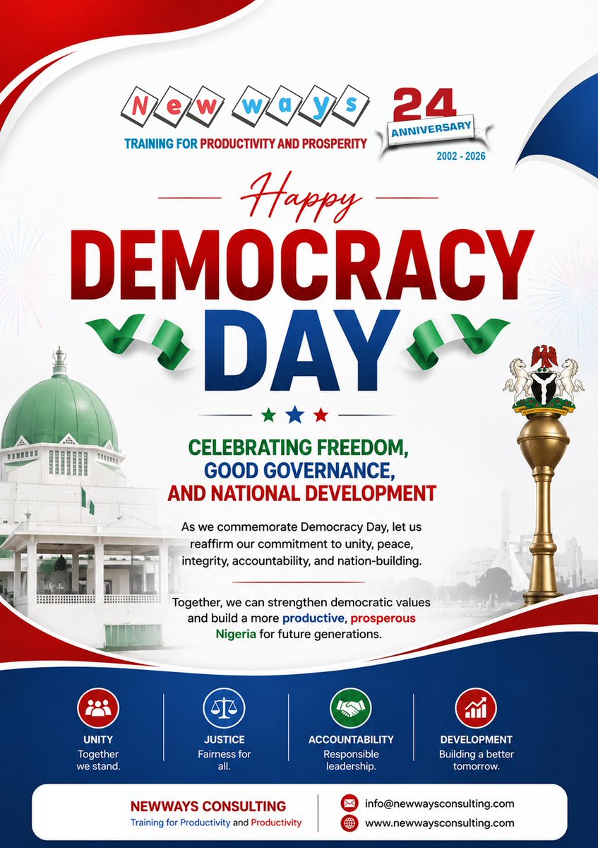 NewwaysConsult's tweet photo. Happy Democracy Day 🇳🇬

Today, we celebrate freedom, unity, good governance, and the strength of our democracy. Together, let’s continue building a peaceful, productive, and prosperous Nigeria for future generations.
read more in image description... https://t.co/qiWVVNYgRl