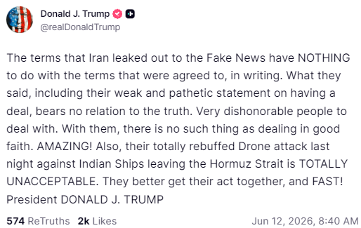 bonzerbarry's tweet photo. Alright it's been about 20 hours since he walked back his strike on Iran and claimed that a deal was being finalized. Now we're back to subtle threats. https://t.co/V7zbcdgjly