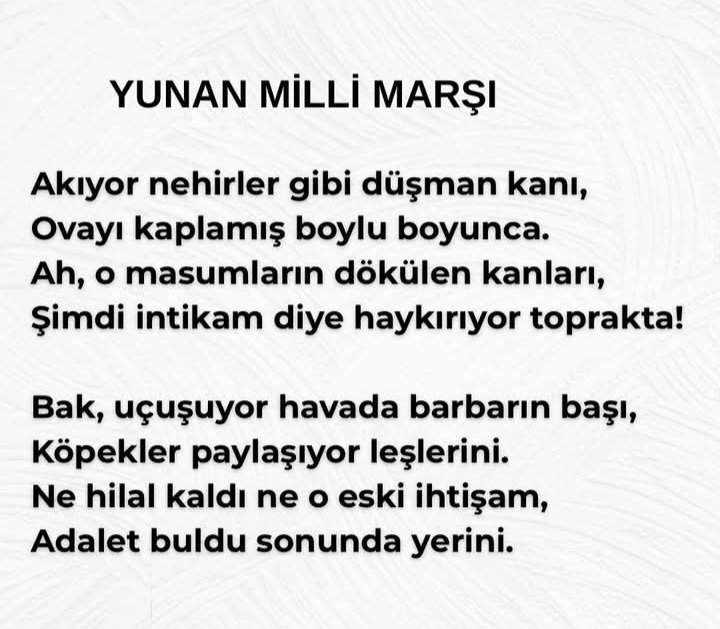 HasanGezen67's tweet photo. 2 Milli Marş!
Biri Yunanın!
Diğeri #Türk'ün İstiklal Marşı!
Asalet kullanılan kelimelerde saklı!
Şu satırın naifliğine bak!
ÇATMA KURBAN OLAYIM ÇEHRENE EY NAZLI HİLAL
Bu Milletin bağrından çıkmış tüm dizeler
Yunanın dizeleri de karakterlerini açığa vuruyor!
#Yunanistan #Greece https://t.co/21RnNW8xLL