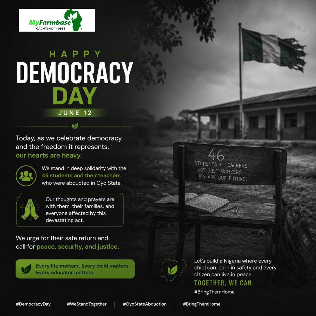 Myfarmbase's tweet photo. Freedom is incomplete when 46 of our citizens are still held by bandits.

This Democracy Day, we celebrate our progress but demand the safe return of the students and teachers taken from Oriire, Oyo State.

No one is free until we are all free. 

#Oyo46 #DemocracyDay https://t.co/OQO9qXkr98