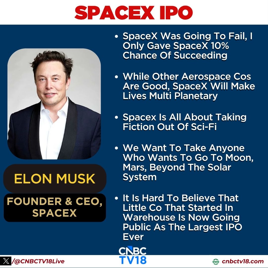 CNBCTV18Live's tweet photo. #USMarketUpdate | Founder Of SpaceX, #ElonMusk Says, #SpaceX Was Going To Fail, I Only Gave SpaceX 10% Chance Of Succeeding https://t.co/5jC8zGRhRS