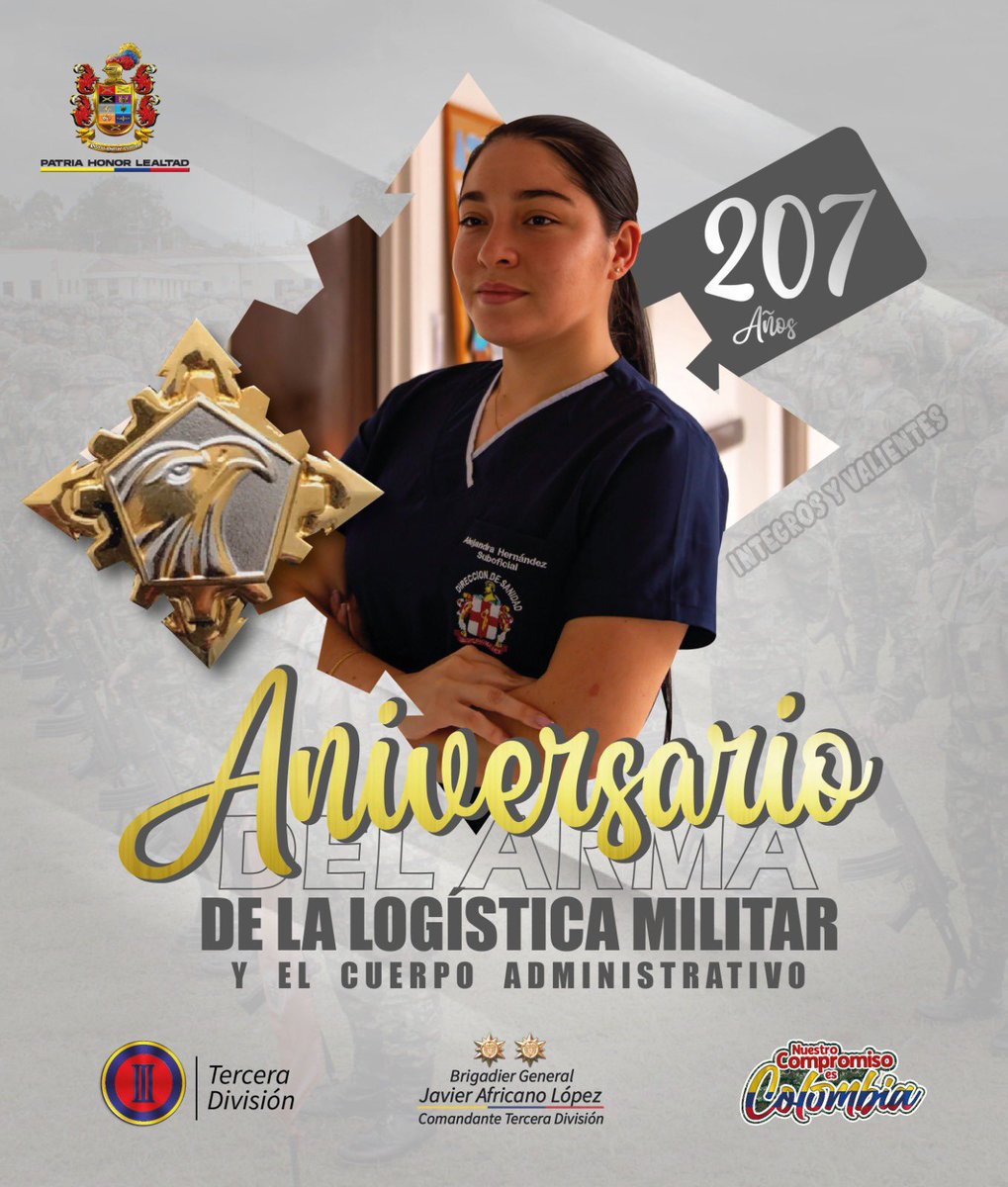 Ejercito_Div3's tweet photo. Garantizar el apoyo oportuno a las tropas, administrar recursos estratégicos y fortalecer las capacidades institucionales son tareas fundamentales que, día a día, cumplen los hombres y mujeres del Arma de la Logística Militar y del Cuerpo Administrativo del @COL_EJERCITO. 

En su aniversario 207, nuestro Comandante de la #TerceraDivisión, brigadier general Hernando Africano López, reconoce su compromiso, profesionalismo y vocación de servicio, cualidades que contribuyen al desarrollo de las operaciones y al cumplimiento de la misión en beneficio de los colombianos.

¡Felicitaciones por más de dos siglos de servicio al @COL_EJERCITO y a Colombia!

#NuestroCompromisoEs🇨🇴
#PatriaHonorLealtad