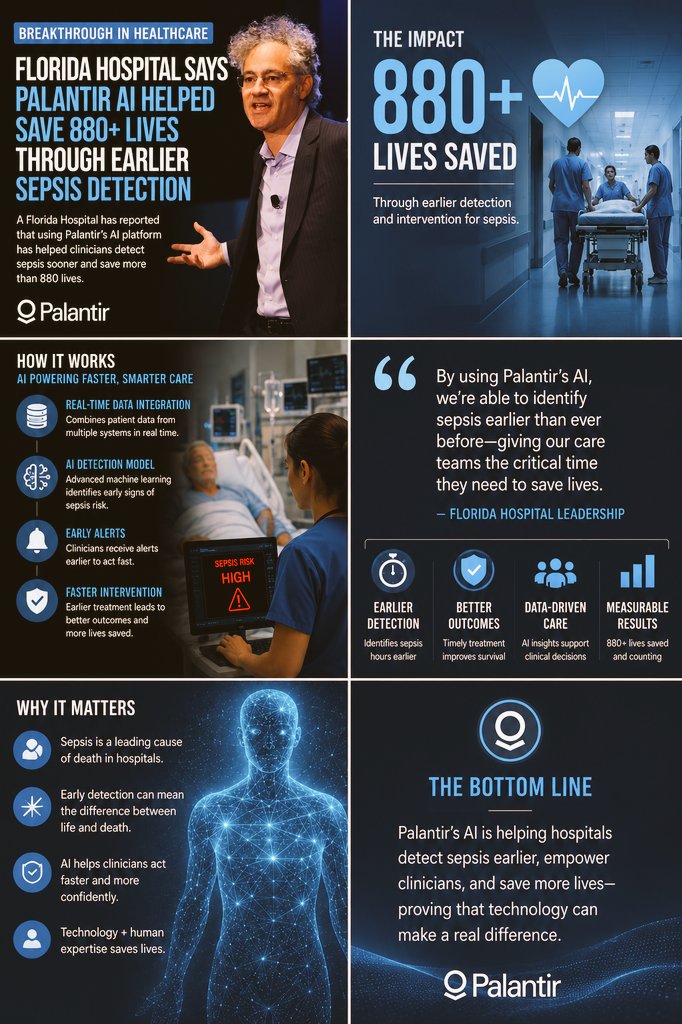 MajorGtex's tweet photo. AI is proving its value in healthcare. Tampa General says its Palantir-powered Sepsis Hub helped save 886 lives by spotting sepsis risks earlier and enabling faster intervention. Sometimes better decisions start with earlier insights. #AI #Healthcare #Palantir #Sepsis https://t.co/8LHmg47xO2