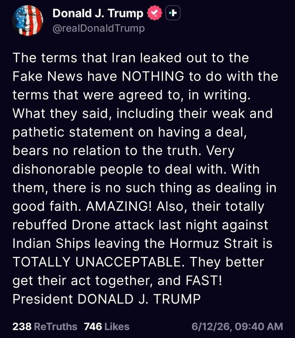 media_express_'s tweet photo. 🇺🇸🇮🇷 BREAKING NEWS – Donald Trump accuses Iran of distorting the proposed agreement to end the war, deeming it "very dishonorable." He demands that Tehran "get its act together, and fast!" https://t.co/HxHeGD570L