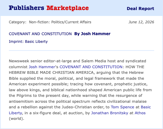 josh_hammer's tweet photo. There is a concerted, nefarious effort to write the Children of Israel and the Hebrew Bible out of the American story.

I see it. We all see it.

This information operation is predicated on historical lies. And those lies are in service of an anti-American civilizational assault.

As America gears up for its next 250 years, it's never been more important to bolster our tried-and-true foundations for the many battles still to come.

The Hebrew Bible provided America's moral, political, and legal framework. It made, and ought to still make, Christian America.

I'm thrilled to share the news of my upcoming book out next year, *COVENANT AND CONSTITUTION: HOW THE HEBREW BIBLE MADE CHRISTIAN AMERICA,* for @Basic_Liberty @HachetteUS. Thanks as always to my agent @jbronitsky of @TeamATHOS. 📖