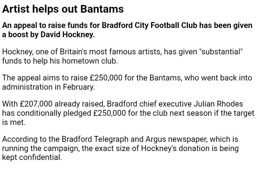 Thecityvent's tweet photo. RIP to one of Bradfords greatest sons, David Hockney. Also worth noting his contribution to keeping the club alive in the dark days of the early noughties. #bcafc https://t.co/JZAji0lVbv