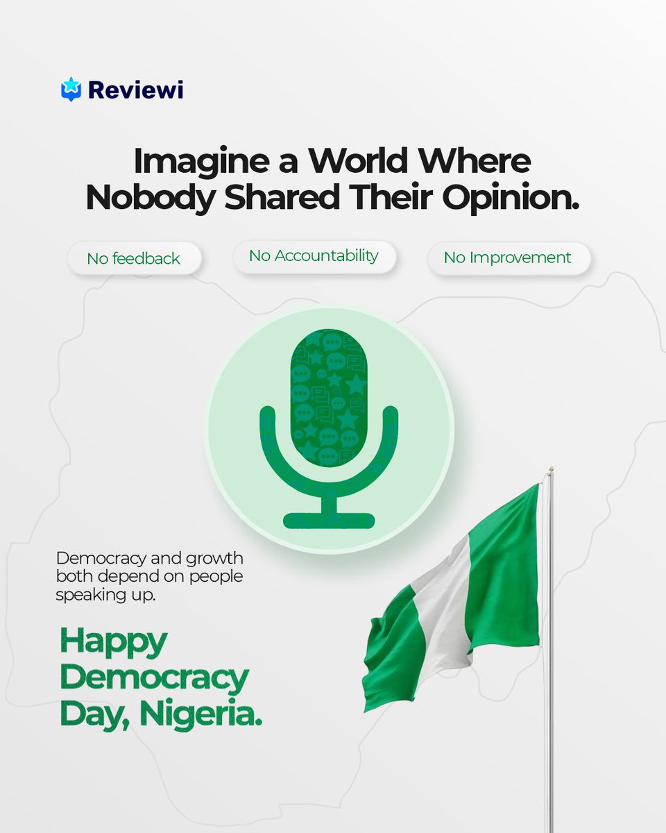 Reviewi_app's tweet photo. Meaningful progress happens when people are heard and their voices matter.

This Democracy Day, we celebrate the power of every voice to influence change, shape experiences, and drive growth.

Happy Democracy Day, Nigeria.

#reviewi #busines #june12 #nigeria #democracyday https://t.co/eGqVQMDVlD
