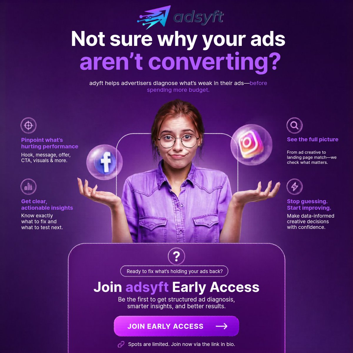 adsyft_ai's tweet photo. Running ads but not seeing results?
Don't spend more before knowing what's broken.
🎯 Adsyft helps you diagnose weak creatives, messaging, hooks, and CTAs.
🚀 Join Early Access today. Limited spots available.
🔗 Link in bio.
#Adsyft #MetaAds #DigitalMarketing https://t.co/CYZTLwKdMf