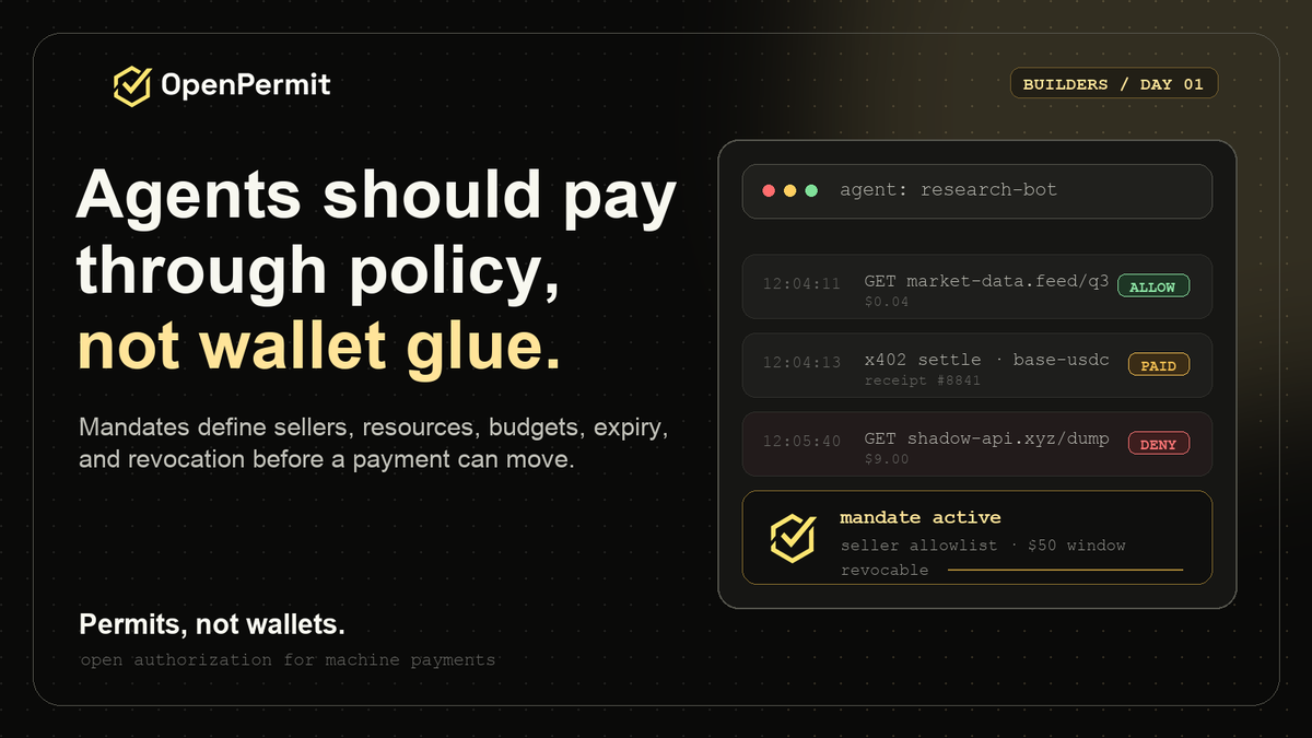 OpenPermitAI's tweet photo. Builders shouldn't have to bolt spend rules onto every agent flow.

OpenPermit gives the agent a permit: allowed sellers, resources, budget, expiry, revocation. The wallet stays behind policy.

Permits, not wallets. https://t.co/1CqUsWjDrV
