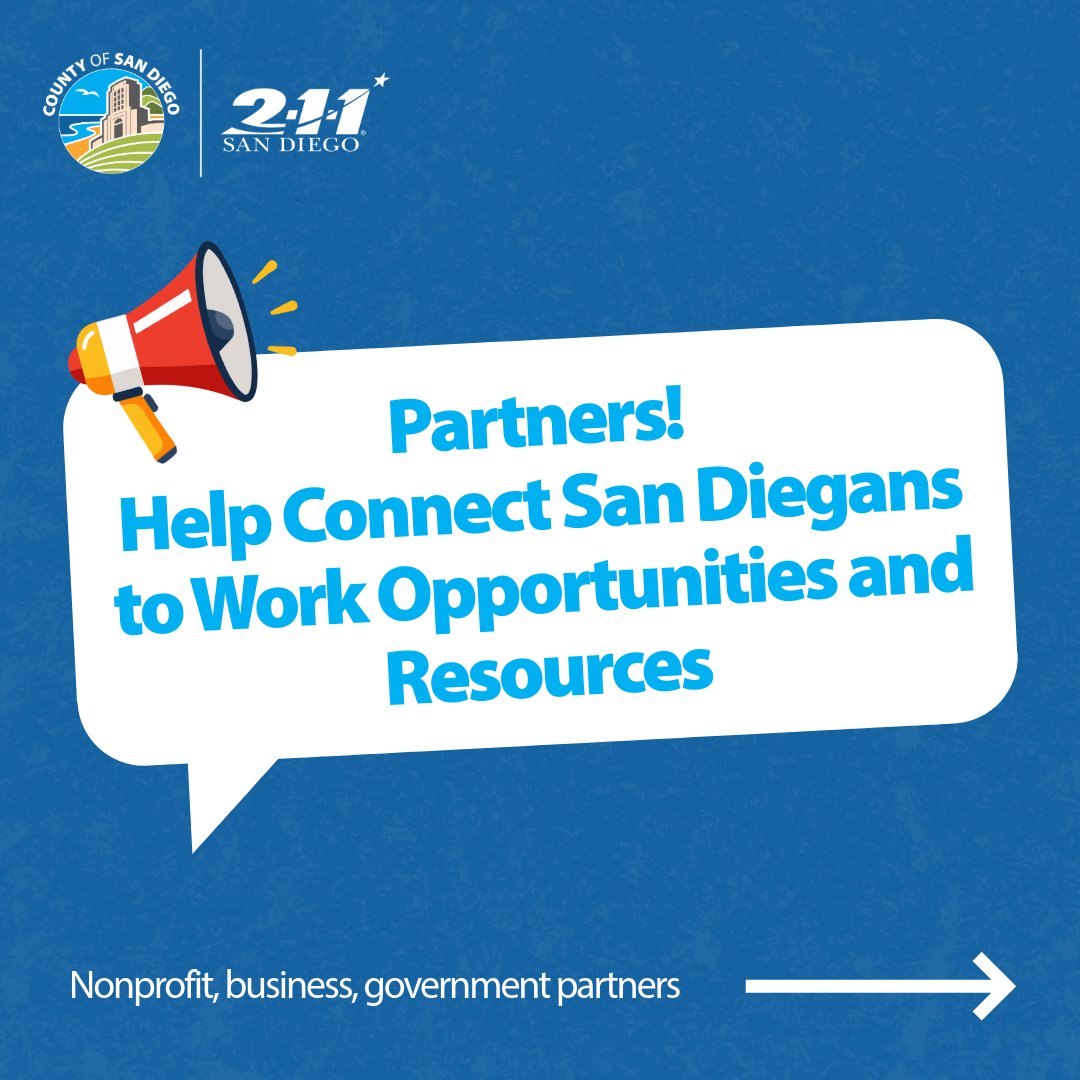 SDCountyHHSA's tweet photo. You can help San Diegans fulfill CalFresh work requirements. Add or update your information with 2-1-1 San Diego to share your work, job training, education or volunteer programs that will be featured on the WorkReady Hub. https://t.co/UR23ai1sG6 https://t.co/0gX6irqIDB
