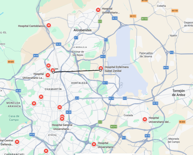 Jesus_D's tweet photo. @HilosValdebebas @Valdebebas @SaludMadrid No hay un hospital público en 6.6km a la redonda (https://t.co/2Q1lYVfQPY).

Tan "fácil" como reorientarlo para ser el hospital público del noreste de Madrid, en vez de dejarlo coger polvo.

Tan lógico, que evidentemente tiene que haber algún motivo oscuro para que no lo hagan. https://t.co/EJkGYZ9n1f