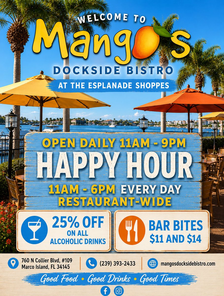 EsplanadeShop's tweet photo. 🌴🍹 HAPPY HOUR PARADISE AWAITS! 🍹🌴

Looking for the perfect waterfront spot to unwind on Marco Island? Join us at Mango's Dockside Bistro at The Esplanade Shoppes and enjoy one of the best Happy Hours in town!

✨ Happy Hour Daily
⏰ 11:00 AM – 6:00 PM
🍹 25% OFF All Alcoholic Drinks
🍽️ Bar Bites Available for $11 & $14
🌊 Beautiful Waterfront Views
☀️ Outdoor Patio Dining

Whether you're meeting friends for cocktails, enjoying a leisurely lunch, or taking in the stunning waterfront scenery, Mango's Dockside Bistro is the perfect place to relax and enjoy island life.

📍 760 N Collier Blvd, #109
Marco Island, FL 34145

📞 (239) 393-2433

🌐 https://t.co/lLme5aysFd

Come for the views, stay for the food, drinks, and good times!

#MangosDocksideBistro #MarcoIsland #HappyHour #MarcoIslandDining #WaterfrontDining #FloridaDining #IslandLife #TheEsplanadeShoppes #CocktailsWithAView #VisitMarcoIsland #GoodFoodGoodDrinksGoodTimes