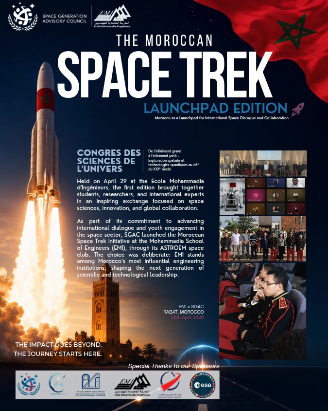 SGAC's tweet photo. We are proud to highlight the successful first edition of the Moroccan Space Trek!
The Launchpad Edition!
Hosted at EMI through the ASTROEM space club.

If you would like to join the SGAC Morocco network, liaise with:
zineb.bouaoudate@spacegeneration.org

#morocco #spaceinmorocco https://t.co/R7WltQgb4v
