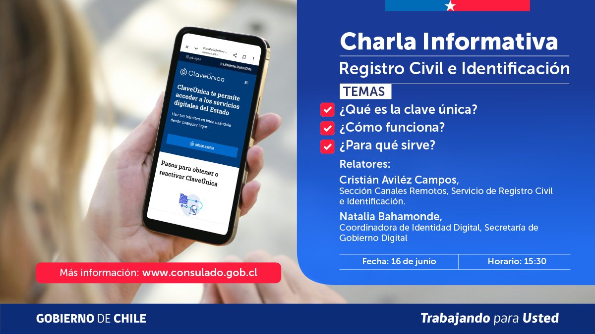 ConChilePanama's tweet photo. Invitamos a chilenas y chilenos en el exterior a participar en una charla sobre la Clave Única.
Infórmate sobre qué es, cómo se activa, cómo funciona y para qué sirve. 💻
Inscríbete 👉https://t.co/oP4lVkFMXP https://t.co/nOZYy9FJZC