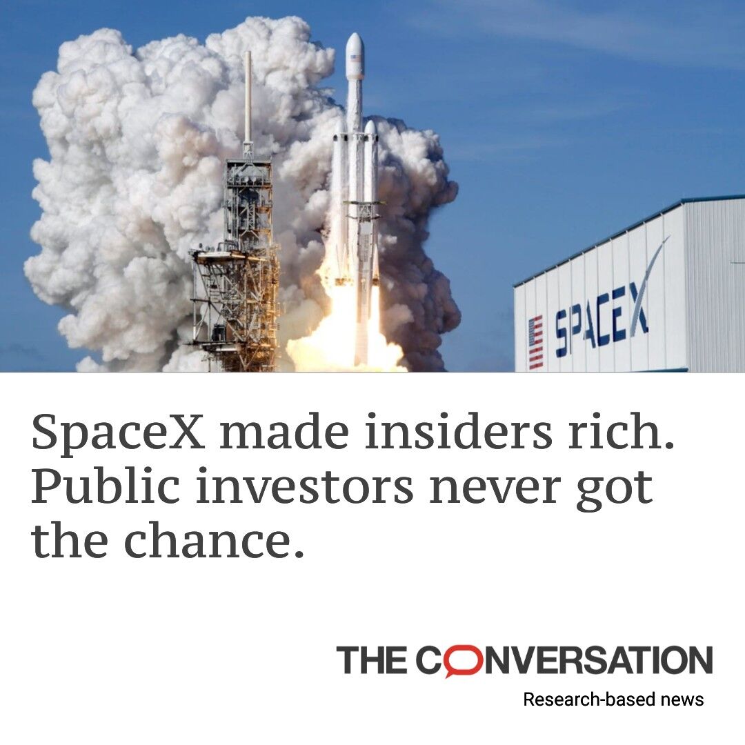 ConversationUS's tweet photo. SpaceX has gone public — but don’t buy it expecting you’ll see gains like early buyers of Amazon or Apple stock. 

Today’s IPOs are often a payout moment for insiders, not the start of major value creation for public investors. 

https://t.co/32yCgxMxPI https://t.co/rHRqAsDSwl