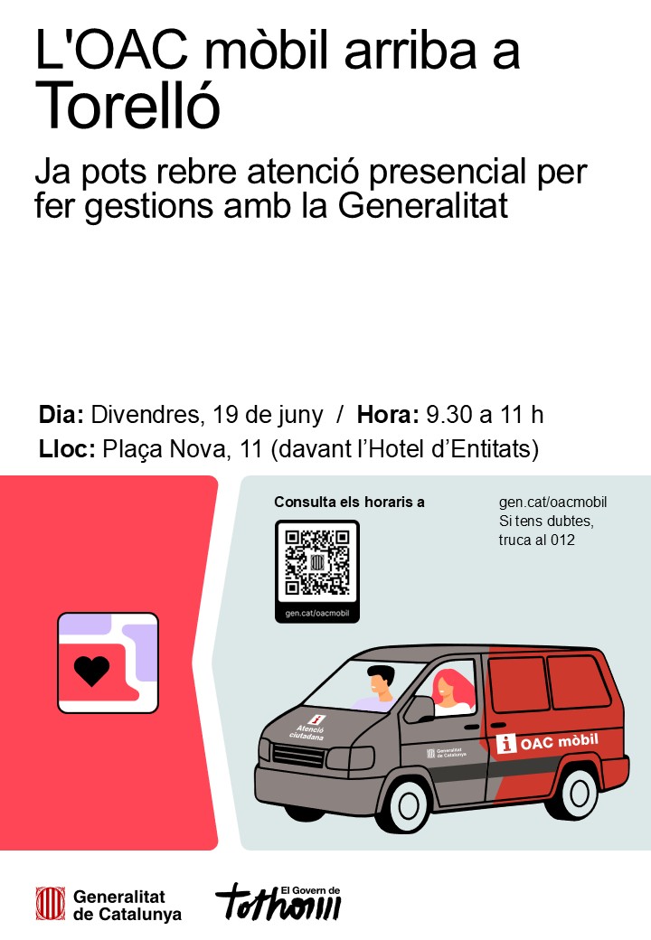 AjTorello's tweet photo. 📢 L'oficina mòbil d'atenció ciutadana de @gencat fa parada a #Torelló.

📅 Divendres 19 de juny, de 9.30 a 11 h, a la plaça Nova, 11, al davant de l'Hotel d'Entitats. Servei gratuït i sense cita prèvia. 

🔗 Més informació: https://t.co/QL1UfEWPIM https://t.co/aQHXhbOhky