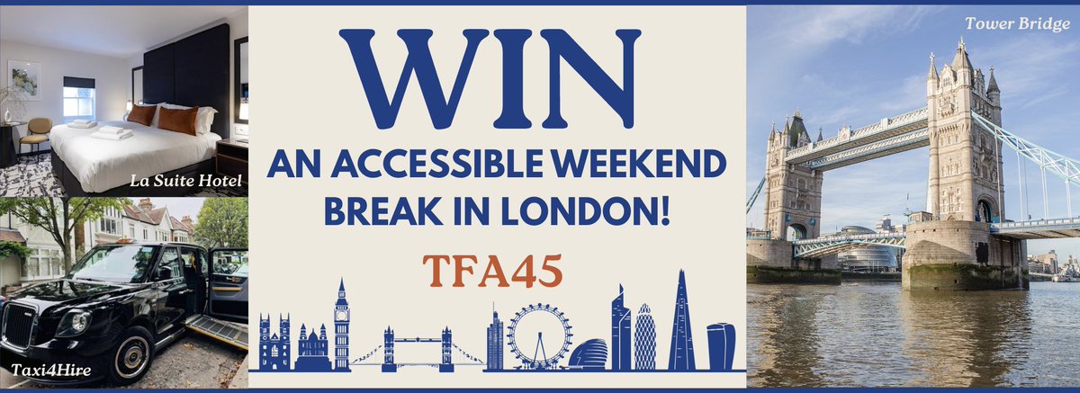 tourismforalluk's tweet photo. ✨ WIN AN ACCESSIBLE LONDON ESCAPE ✨ 

To celebrate 45 years, TFA is giving you the chance to win a memorable getaway 💙 

🏨 Stay at @lasuitewest in an accessible room  
🎟️ 2X tickets for @TowerBridge 
 🚖Accessible sightseeing tour with Taxi4Hire https://t.co/s9qWLJYVZd