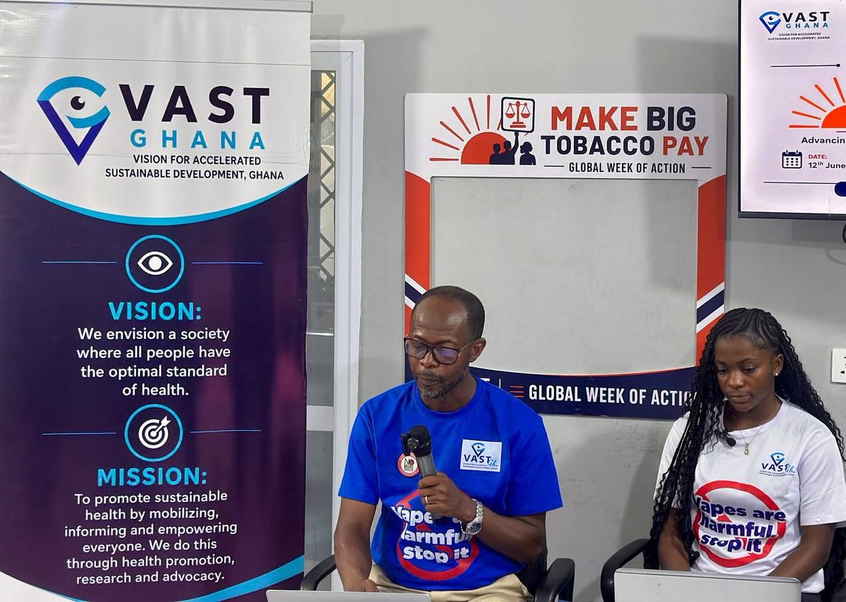 vastghana's tweet photo. #MakeBigTobaccoPay is more than a slogan; it’s a call for accountability,” says @LabramM, Executive Director of VAST Ghana. Implementing #WHOFCTC Article 19 is essential to hold the tobacco industry accountable for the harm caused by its products.

 #TobaccoControl #PublicHealth https://t.co/i7dTH7KEOz