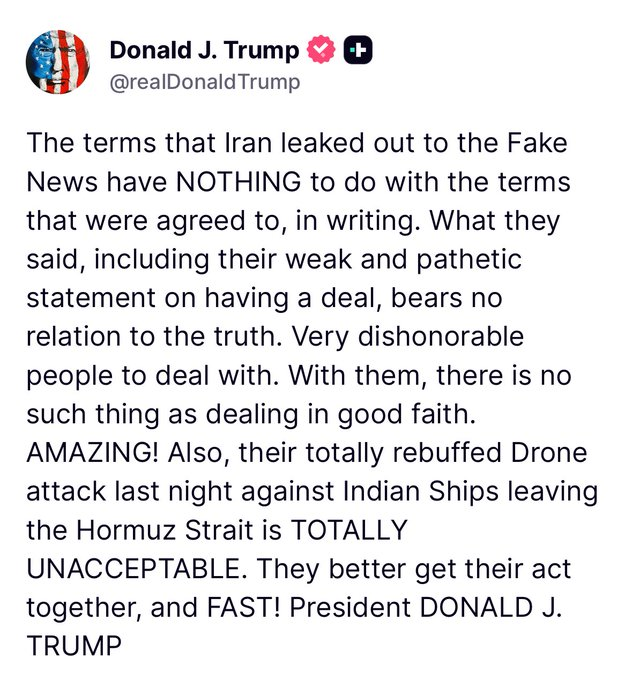 MichaelKorine's tweet photo. 🚨DEAL OR NO DEAL?
I will put my trust and faith in @POTUS. The Islamic regime has spent decades built on deception. Don't believe a single word of its lies.

Iran’s Mehr News Agency claimed today that the emerging U.S.-Iran deal would include the following terms:

1. Ceasefire on all fronts, including Lebanon.
2. U.S. pledge not to interfere in Iran’s internal affairs and to respect the Islamic Republic’s sovereignty.
3. Lifting the maritime blockade within one month.
4. Withdrawal of U.S. forces from the area around Iran.
5. Reopening the Strait of Hormuz within one month through Iranian arrangements.
6. Suspension of sanctions on Iranian oil, petrochemicals and access to Iranian funds.
7. U.S. plan to rebuild Iran at a cost of at least $300 billion.
8. 60 days of negotiations toward a final nuclear deal and full sanctions removal.
9. Iran would reaffirm its NPT commitment not to build a nuclear weapon.
10. During negotiations, the U.S. would not add forces to the region or impose new sanctions on Iran.
11. Release of $24 billion in frozen Iranian assets, with $12 billion allegedly released before talks begin.
12. Creation of a monitoring mechanism to enforce the agreement.
13. U.N. Security Council approval of the agreement.
14. Talks would not begin before half of Iran’s assets are unfrozen, oil sanctions are suspended and the maritime blockade is lifted; during talks, the sides would not discuss Iran’s ballistic missile program or support for proxy groups.