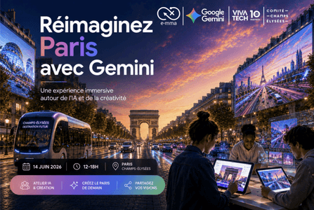 AvChampsElysees's tweet photo. Dimanche, les Champs-Élysées troquent les calèches pour Gemini. 🤖
@MA_Jamet (Président du #ComitéChampsÉlysées) sera aux côtés de la ministre @AnneLeHenanff, de Maurice Lévy (@PublicisGroupe / @VivaTech) , @SebMissoffe (@GoogleEnFrance) et @DiptyChander  pour juger les meilleures créations de l'atelier "Réimaginer Paris avec Gemini", signé @org_emma x @GoogleFR pour les 10 ans de #VivaTech.
Gratuit, ouvert à tous, 12h-18h. Le futur de Paris s'écrit sur la plus belle avenue du monde…Venez l'imaginer avec nous.