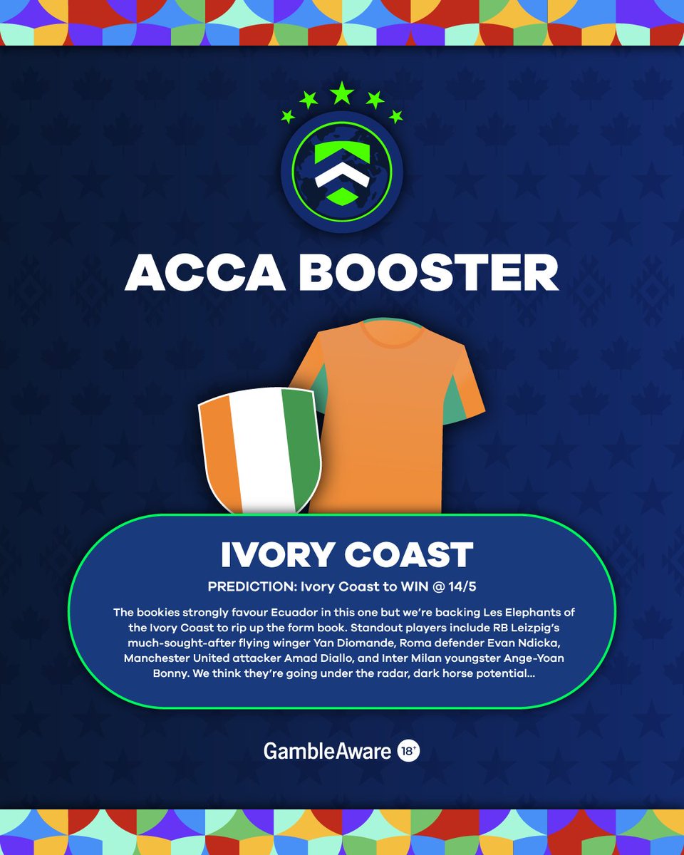 5MinuteWinners's tweet photo. BRAND NEW: World Cup Acca Boosters are here! ⬆️

We know how tough it can be to find good value when you build your tournament accas. So, we'll be picking out some prices that we think can help bump up those winnings. ✅

First up: Ivory Coast 🇨🇮 Possible dark horse? 👀🐎

#Football #WorldCup #Bet