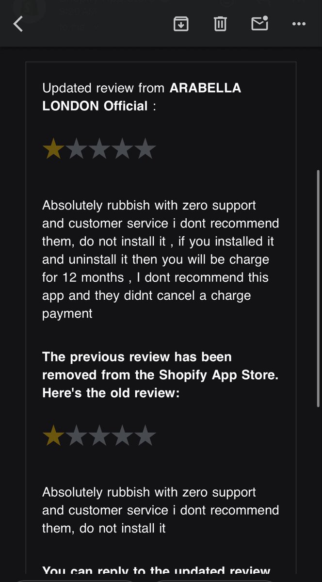 ryankatsnel's tweet photo. @liam_at_shopify @ShopifyDevs need some help please

we received a negative 1-star review with false claims, and are now being threatened with further reputational harm

merchant was on a monthly plan and uninstalled after the free trial

in the only support email we received before the review was posted, we responded within ~30 minutes