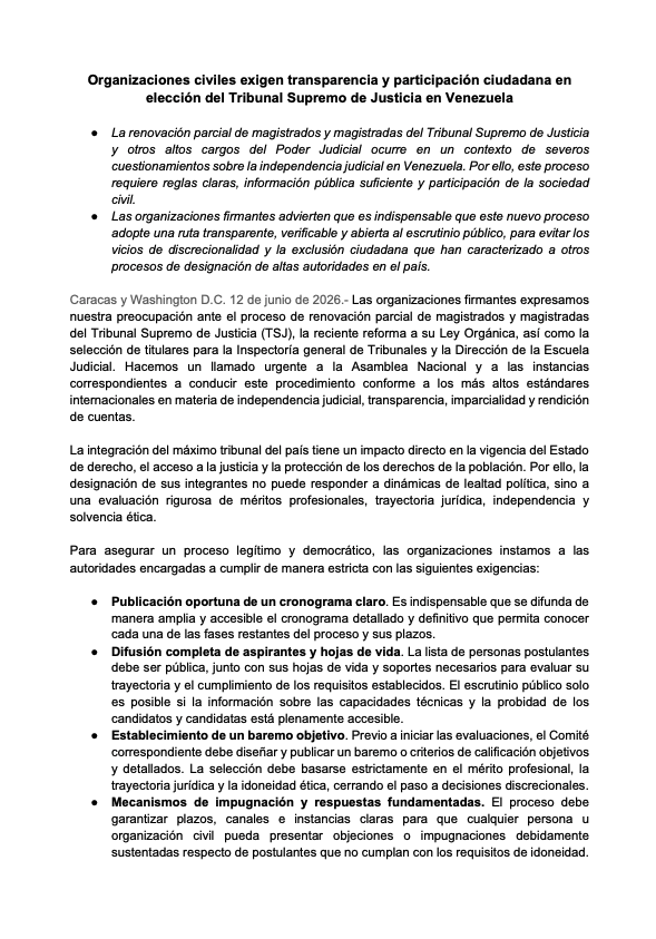 DPLF_info's tweet photo. 🇻🇪 Organizaciones civiles llamamos a que el proceso de renovación parcial del Tribunal Supremo de Justicia en #Venezuela se desarrolle con reglas claras, información pública suficiente, criterios objetivos y participación ciudadana efectiva.

📄: https://t.co/wujtBKZZA7 https://t.co/ppcymoXNnO