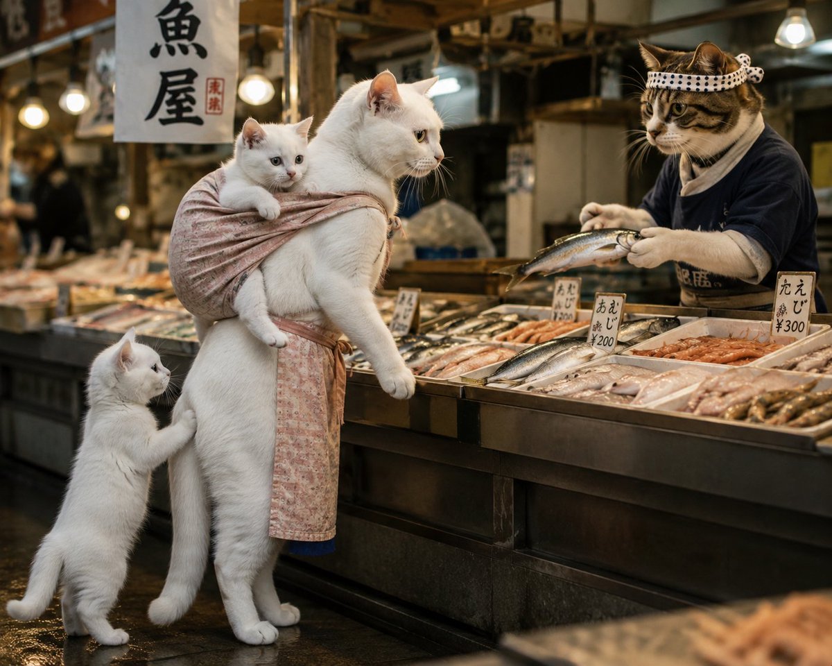 vanillanormad's tweet photo. 白猫の親子が魚屋でお買い物 https://t.co/EX1rRE7ruw
