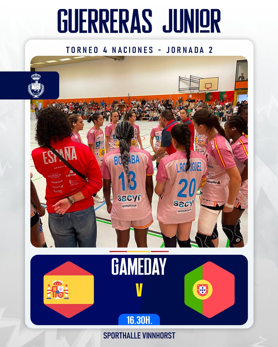 RFEBalonmano's tweet photo. 🔴 #GuerrerasJunior🇪🇸

🏆 Torneo Internacional 4 Naciones
📌 Jornada 2⃣

📍 Sporthalle Vinnhorst🇩🇪

⏱️ 0’ - Inicio 

🆚 España🇪🇸 - 🇵🇹Portugal

🎙️ ¡Las #GuerrerasJunior🇪🇸 buscan la segunda victoria en el 4 Naciones!

#️⃣ #Balonmano #SheLovesHandball #FollowTheFuture 

https://t.co/jJeHzYHStu