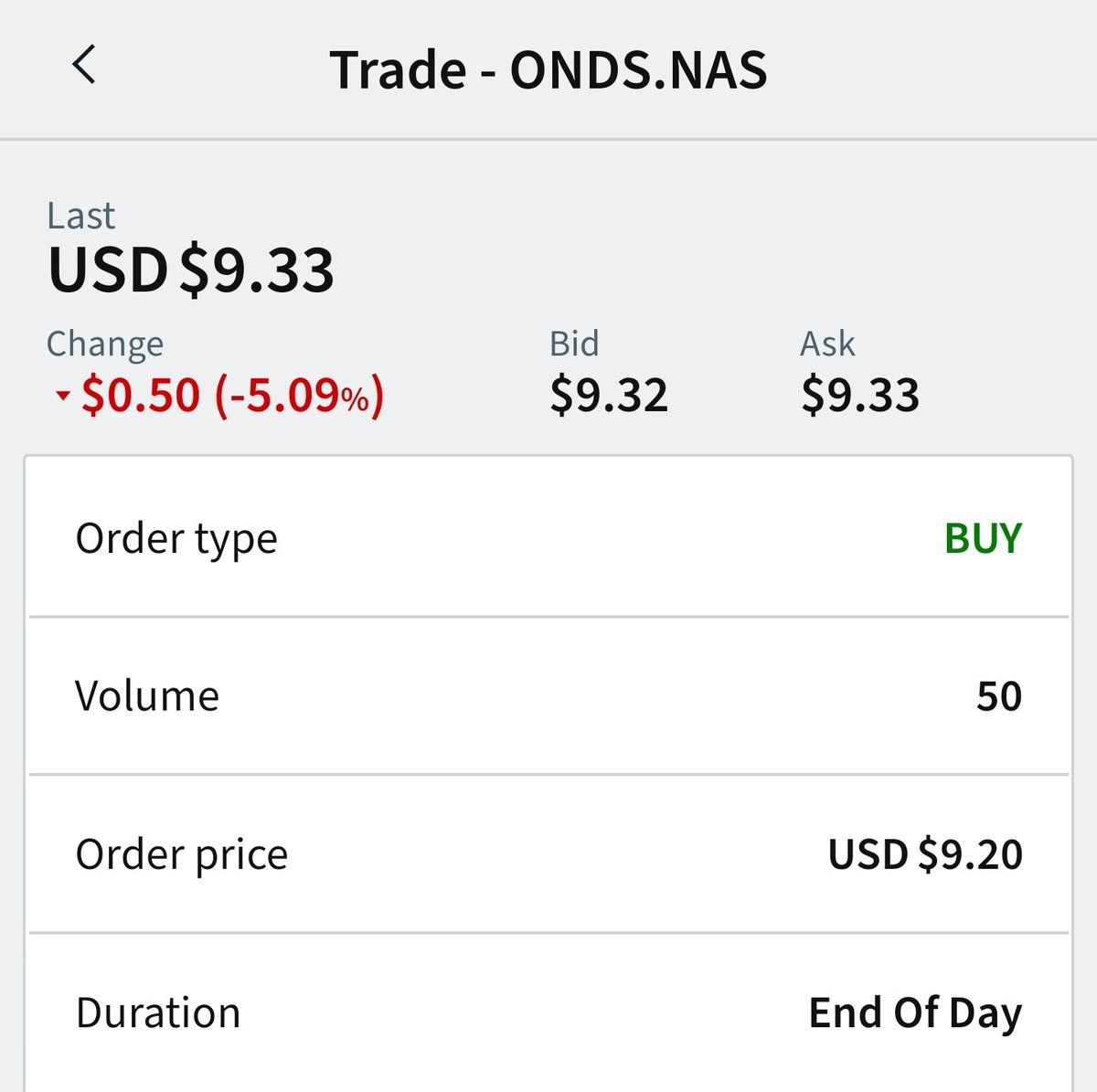 EnjoymentMamaa's tweet photo. If this fills, I'll be half way on my road to 1000 shares of $ONDS at a sub $10 average.

$9.20 as the limit is pushing it... but🤞🏾 https://t.co/R83DVVFxEJ